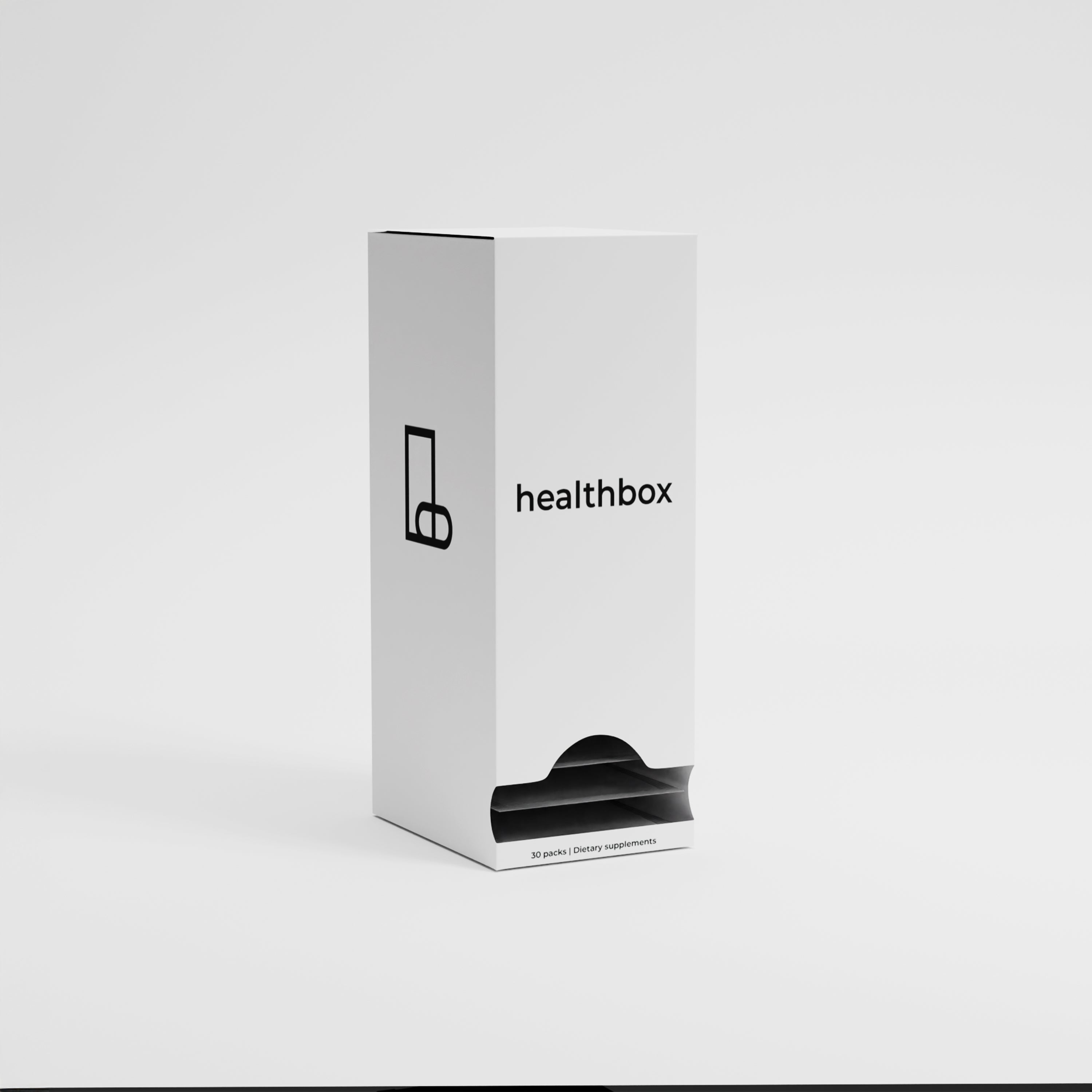 Unused File 30 daily sachets dietary supplement box by Healthbox with minimal black and white design