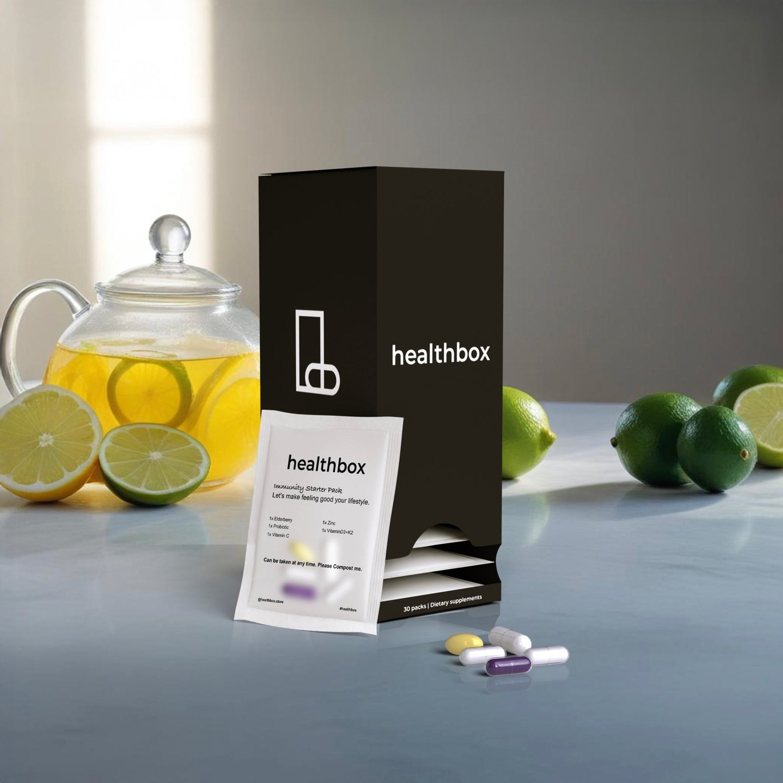 Immunity Starter Pack daily sachets with vitamins and supplements by Healthbox including capsules and tablets