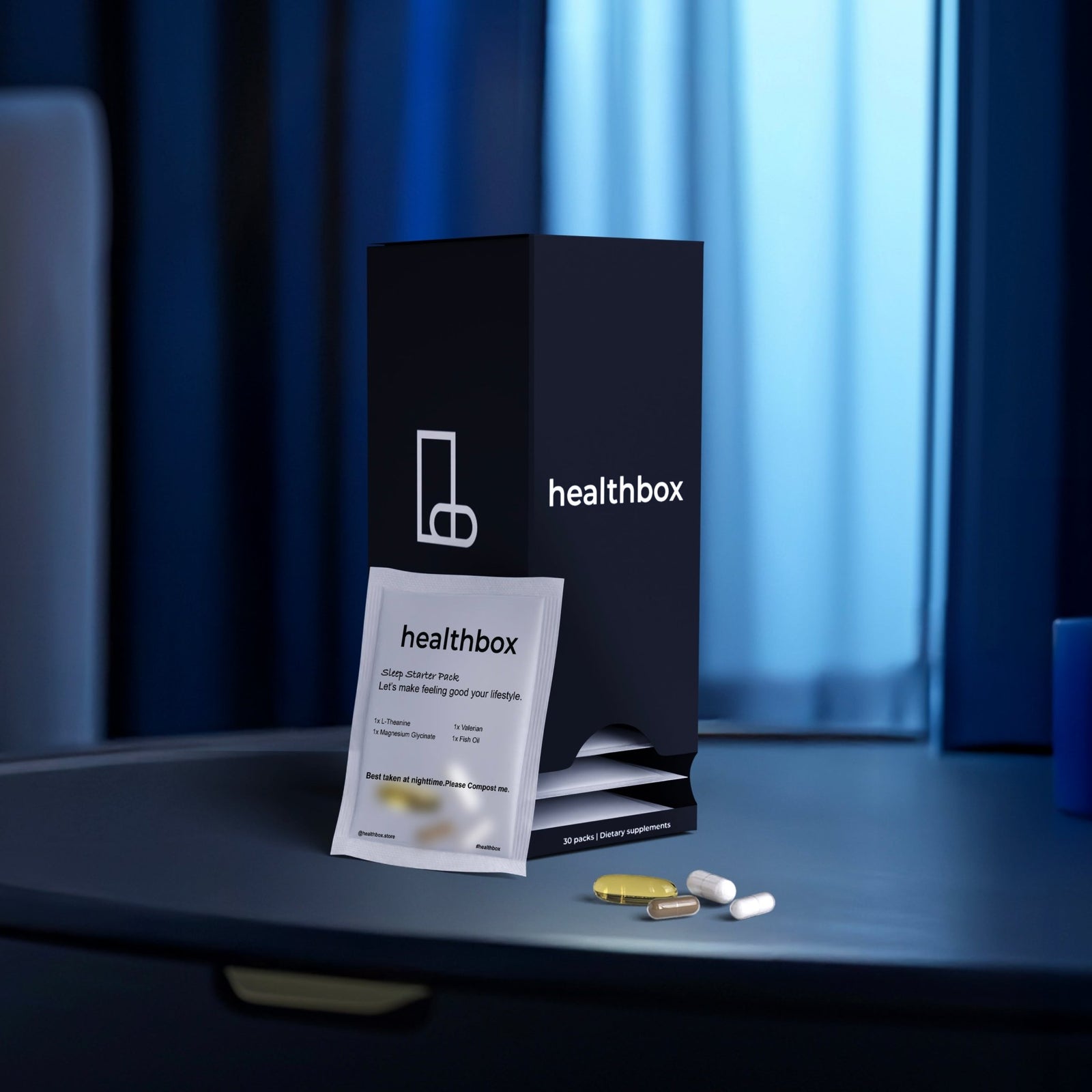 Sleep Starter Pack daily sachet with capsules and tablets by Healthbox personalized supplements for stress support